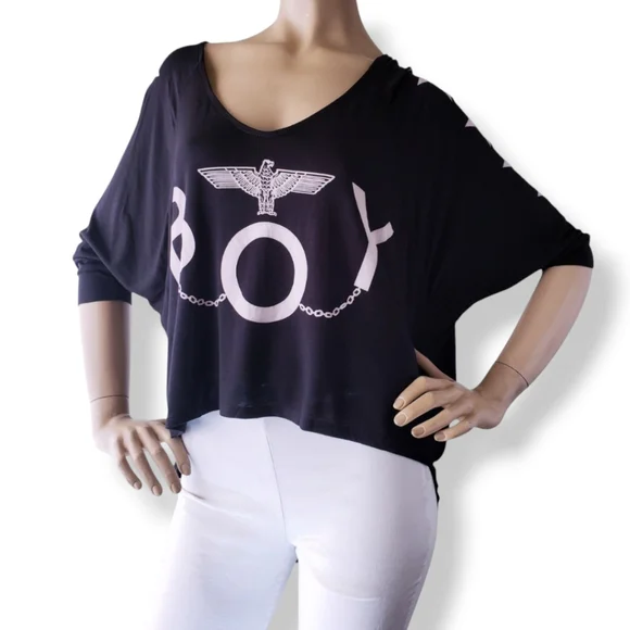 BOY London Black & White Logo Graphic Dolman Sleeve Blouse Size Medium - Picture 3 of 9